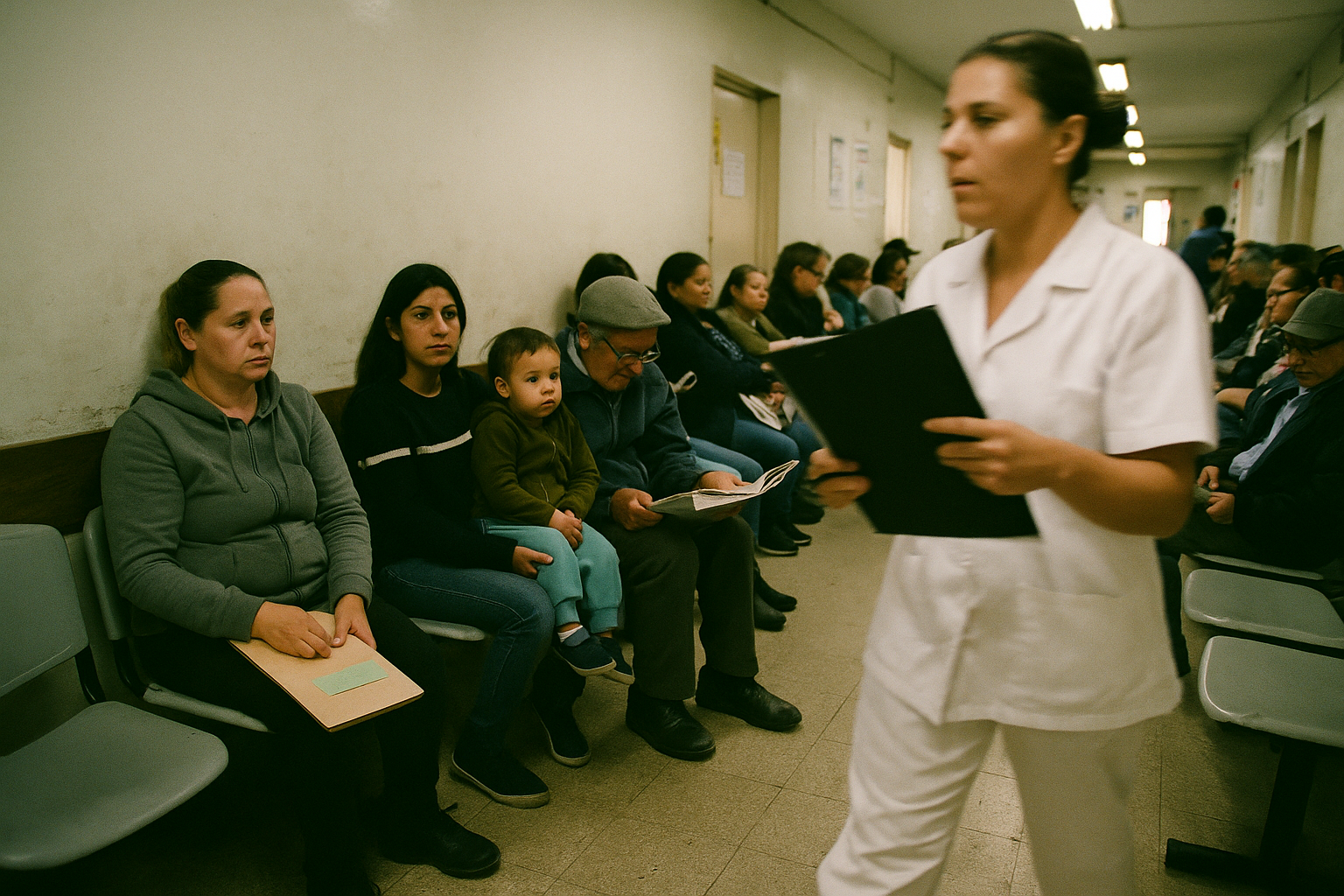 Sala de guardia hospitalaria vacía con camillas y equipos médicos deteriorados