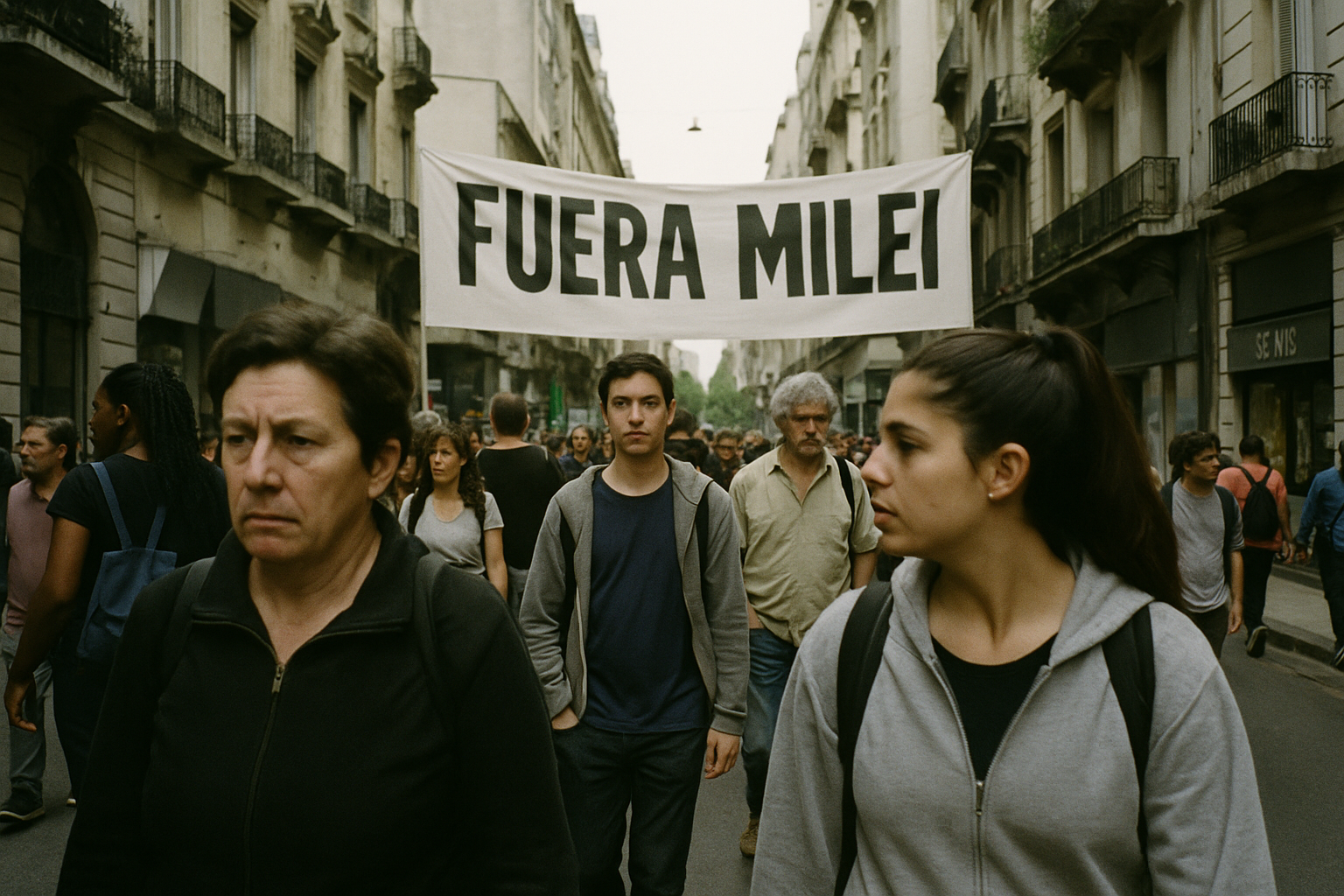 Gente caminando en una calle de Buenos Aires con un cartel que dice Fuera Milei