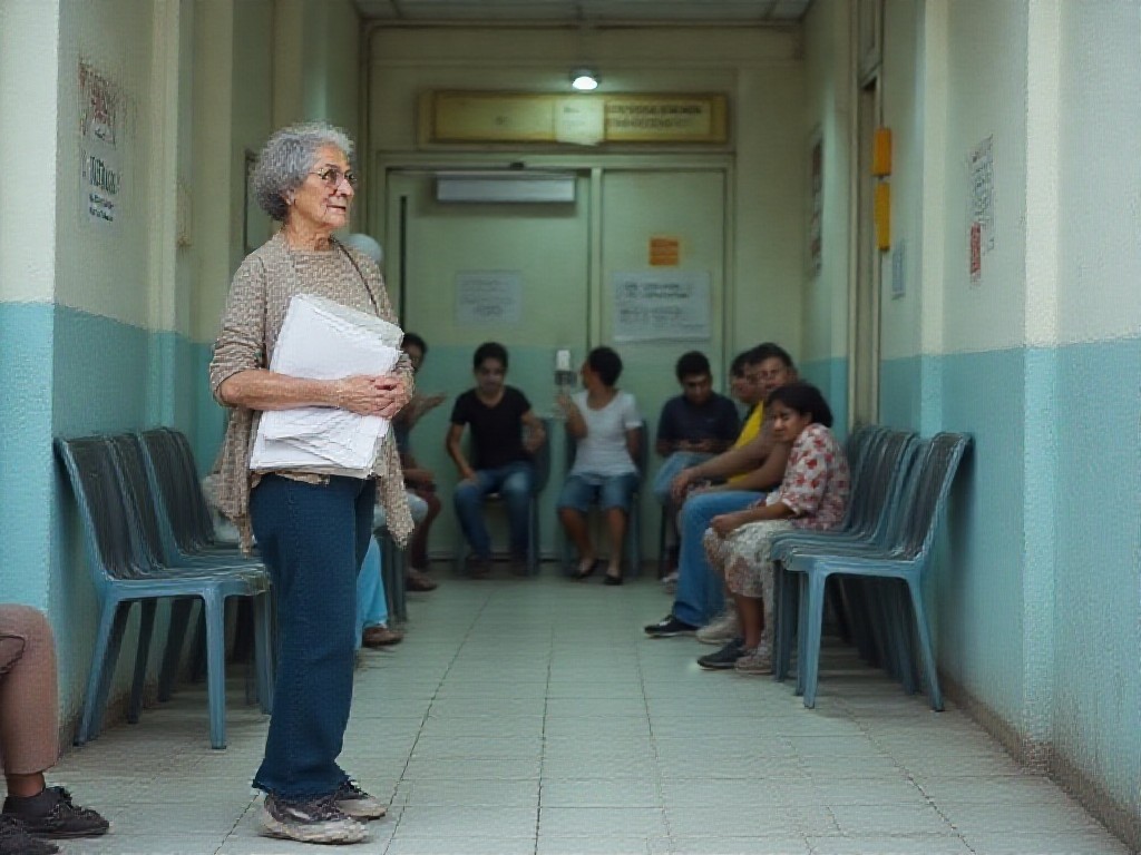 Personas esperando en la puerta de un hospital público porteño con carpetas y bolsos.