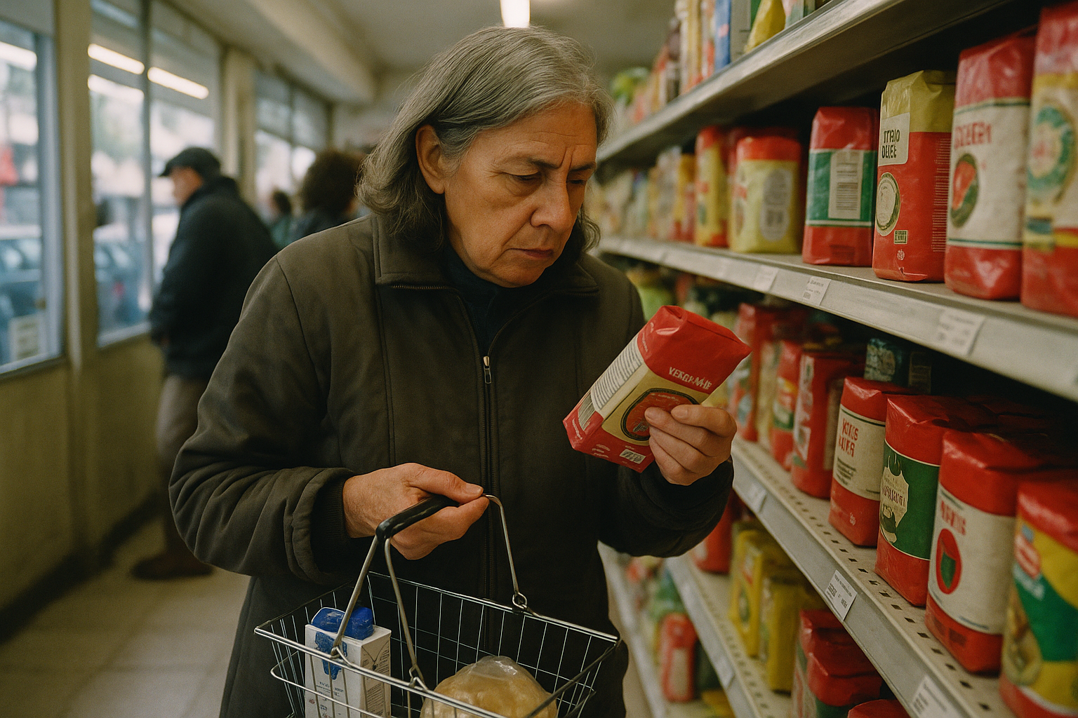 Una señora mayor mira el precio de un paquete en la góndola de un supermercado de barrio