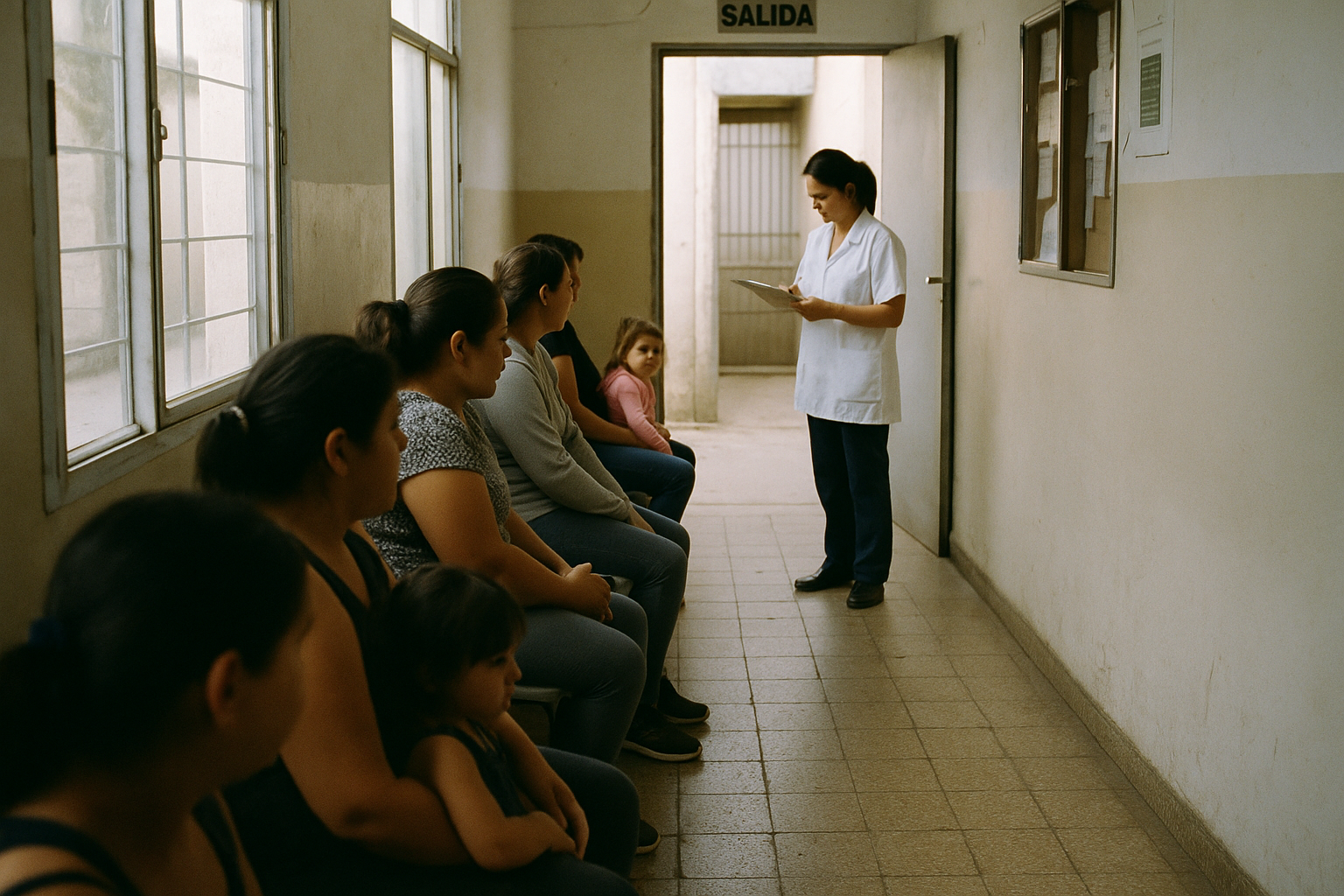 Mujeres y niños esperan atención en el pasillo de una salita barrial de mañana.