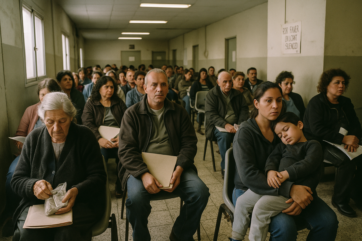 Paciente espera en pasillo de hospital público con silla plástica y paredes descascaradas
