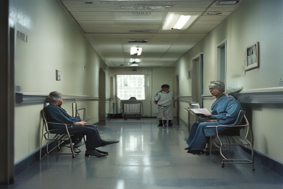 Una mujer mayor espera sola con carpeta médica en la sala vacía de un hospital público.
