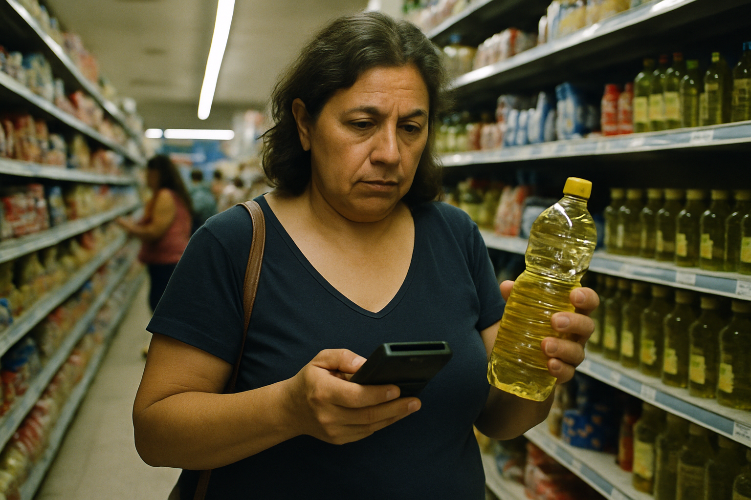 Mujer de mediana edad con calculadora frente a góndola de aceite en supermercado del conurbano