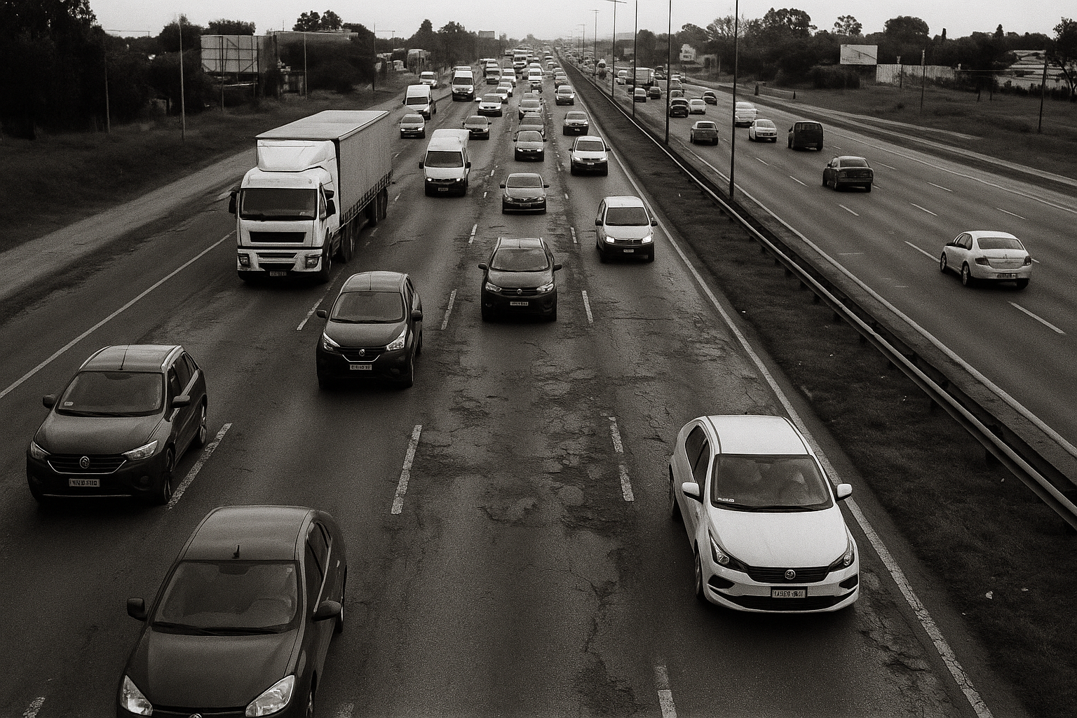 Vista aérea de una autopista argentina con autos y camiones circulando por una carretera deteriorada