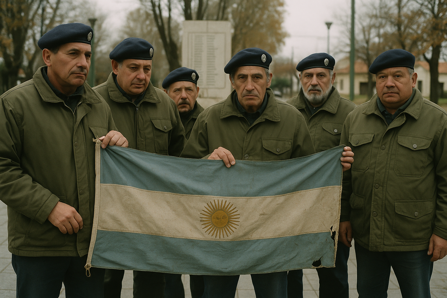 Veteranos de Malvinas con boinas azules sostienen una bandera argentina en una plaza durante un acto