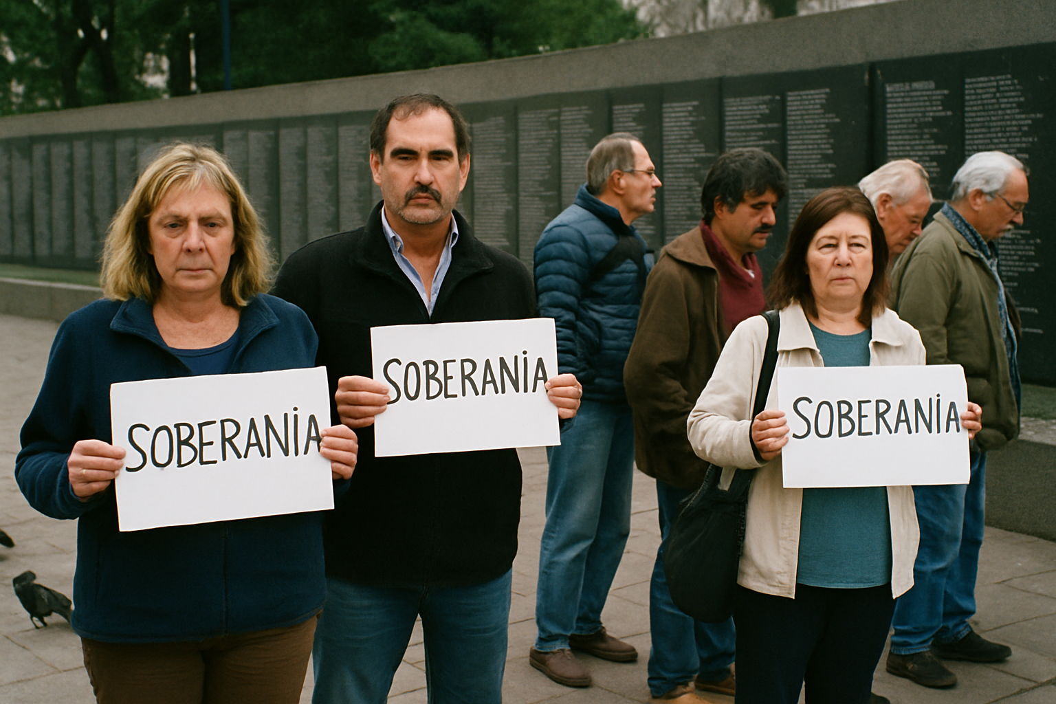 Personas frente a un memorial de Malvinas en una plaza porteña en tarde nublada.