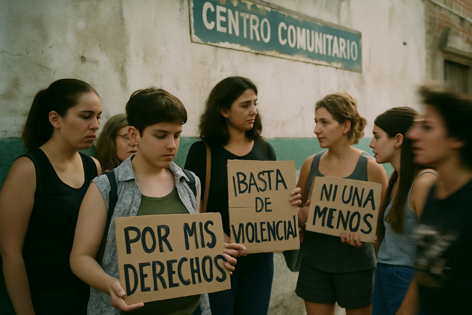 Mujeres y jóvenes disidentes frente a un centro comunitario porteño con carteles artesanales