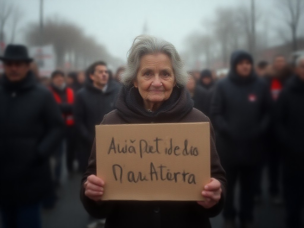 Una jubilada sostiene un cartel frente al Congreso mientras otros manifestantes se agrupan en la avenida