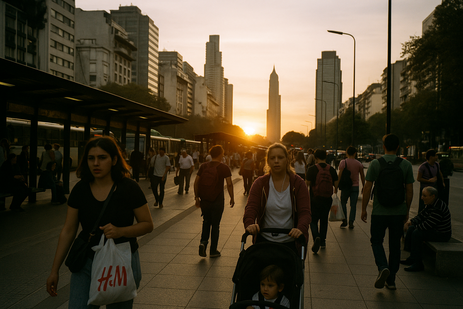 Gente caminando por una calle de Buenos Aires con edificios altos detrás