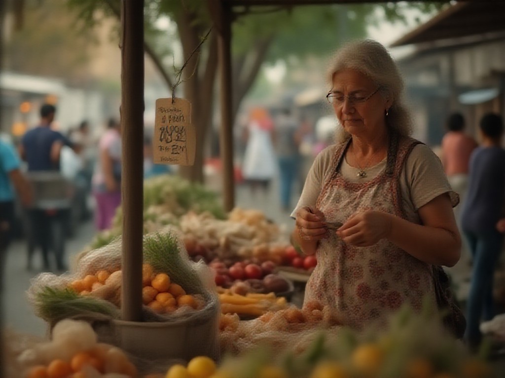 Mujer cuenta monedas en feria popular del conurbano bonaerense antes de comprar verduras