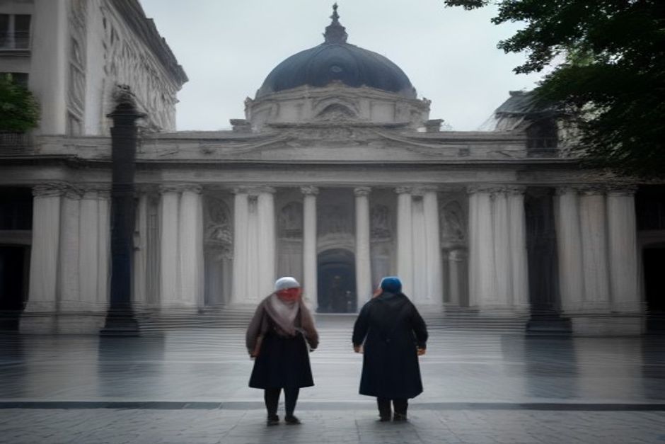 Dos mujeres mayores con pañuelos blancos frente a las rejas del Congreso Nacional en invierno