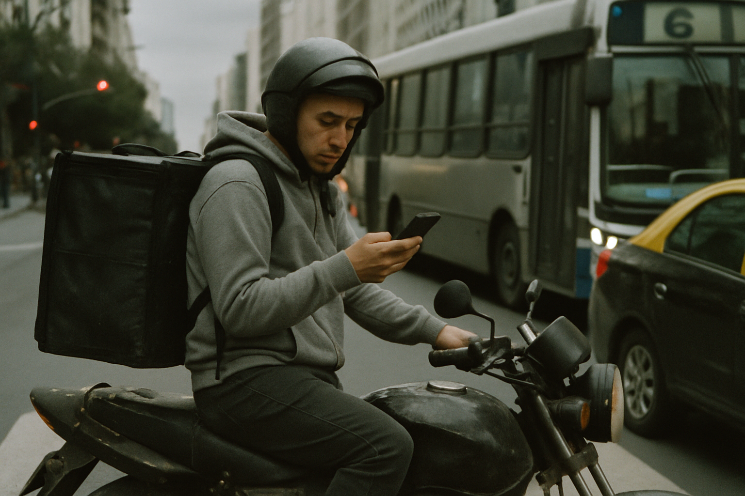 Un repartidor con mochila cúbica espera un pedido junto a su moto en una esquina porteña