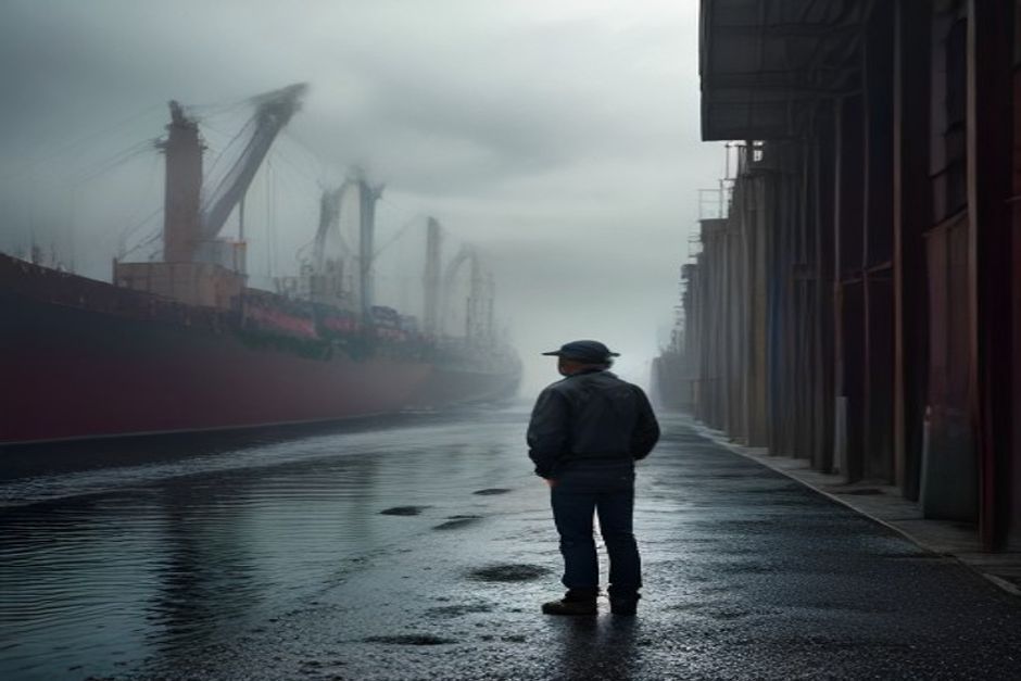 Trabajador con casco revisa transporte de soja en cooperativa agrícola bonaerense al atardecer.