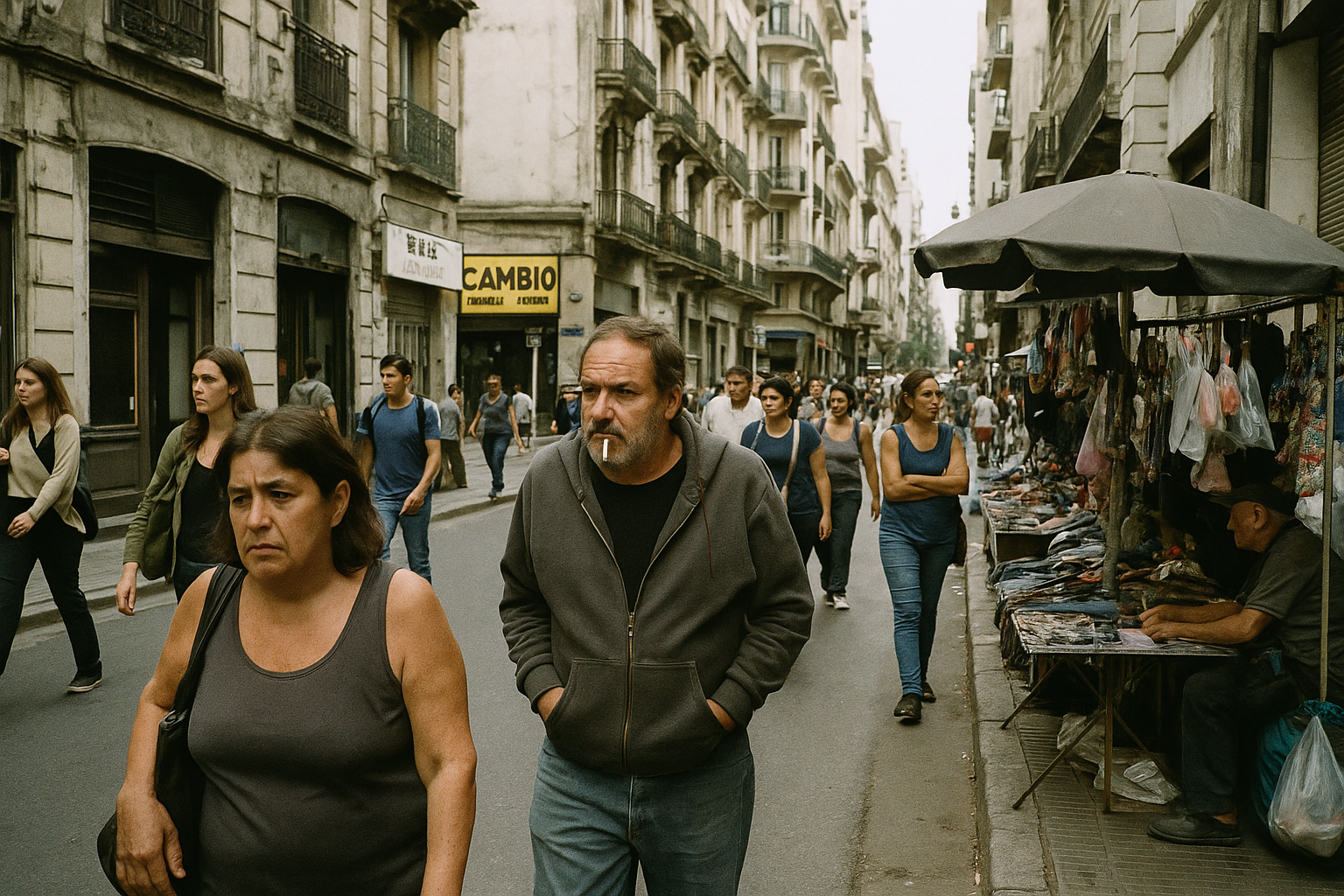 Gente caminando por una calle de Buenos Aires con edificios antiguos y vendedores ambulantes