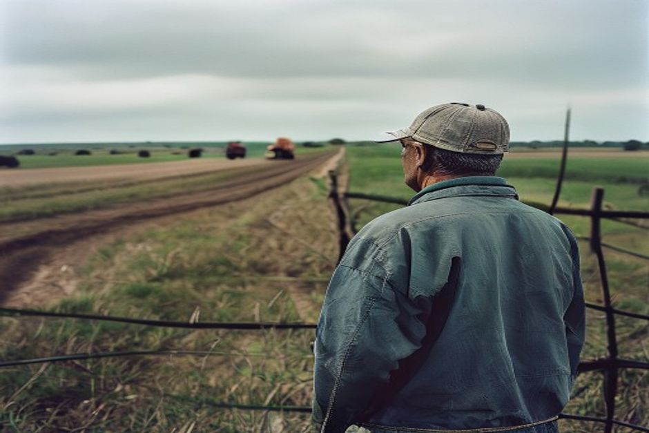 Productor rural mayor parado junto a un alambrado en campo seco bonaerense