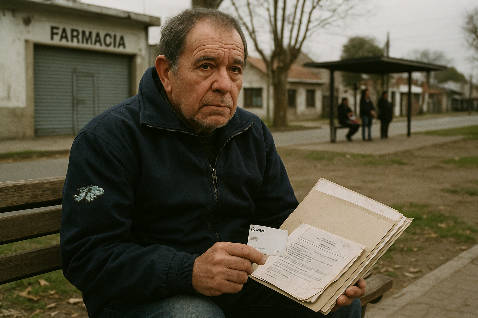 Veterano de Malvinas con campera azul sostiene carpeta y credencial de PAMI en plaza barrial