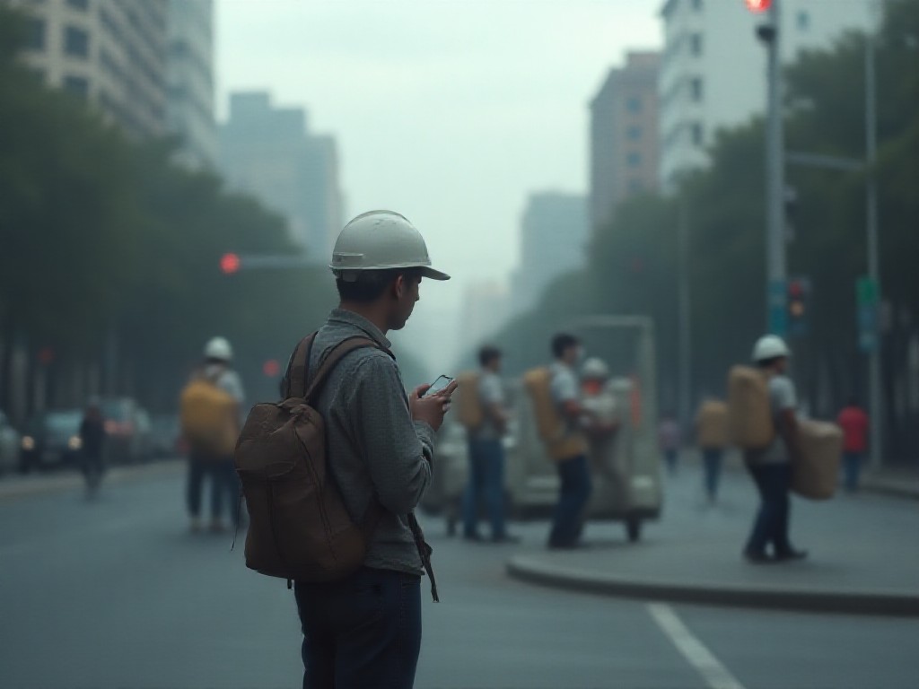 Un repartidor con mochila espera en un semáforo en avenida porteña al atardecer.